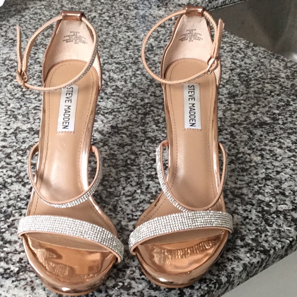 Steve Madden Metallic Rose Gold Rhinestone Ankle-Strap Heels